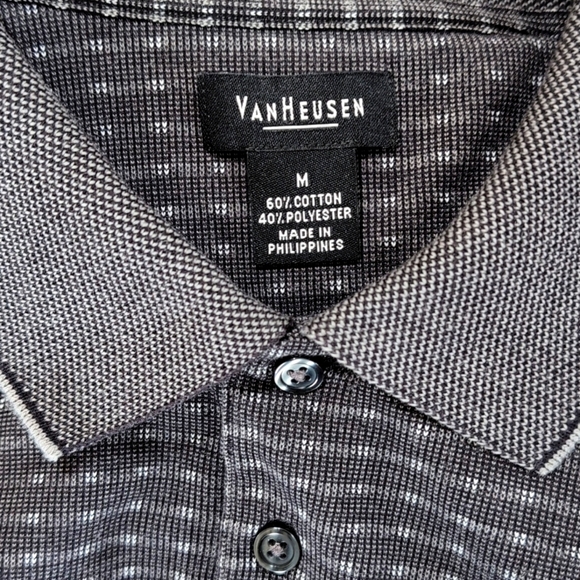 Van Heusen Dark Gray Grey Patterned Short Sleeve Polo Shirt - Size M Medium - Picture 6 of 7